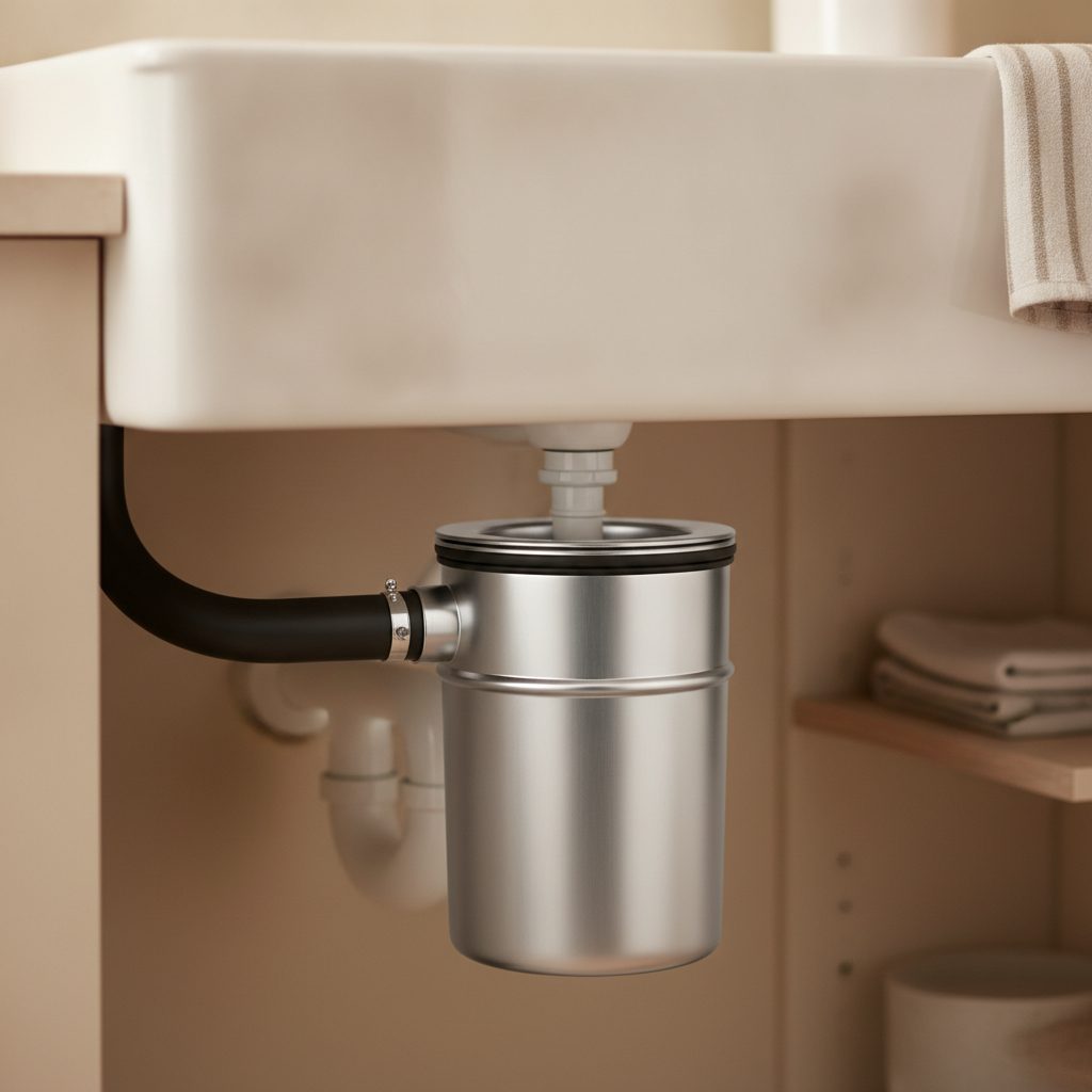 Stainless steel garbage disposal unit under a clean kitchen sink